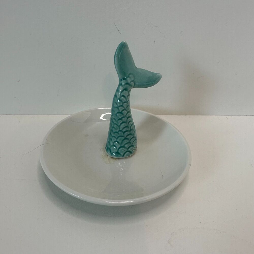 Mermaid Collectible Trinket Dish Tray Ring Jewelry Holder Ceramic Blue Tail
